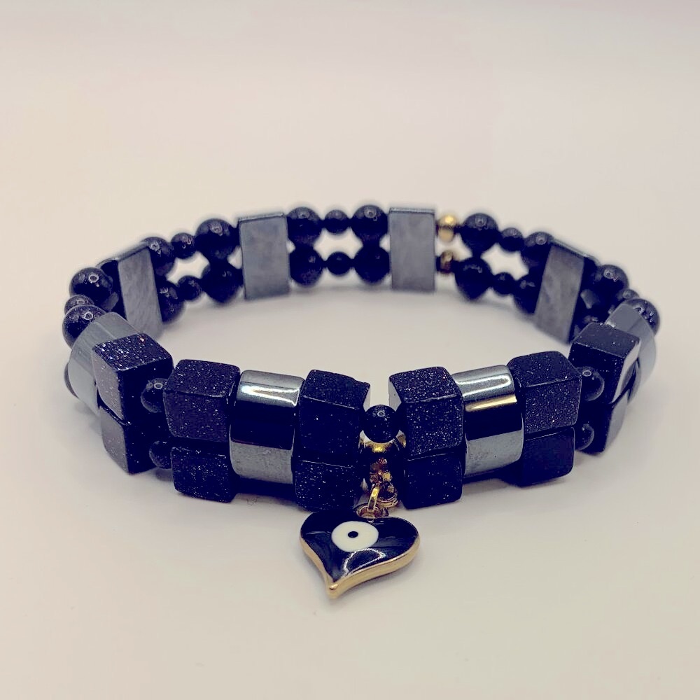 Evil Eye Heart Charm, Blue Sandstone & Hematite Stretch Bracelet